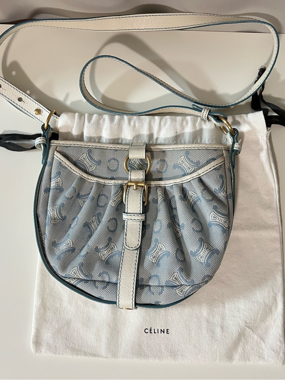 Celine Light Blue Patterned Canvas Crossbody with Cream Trim